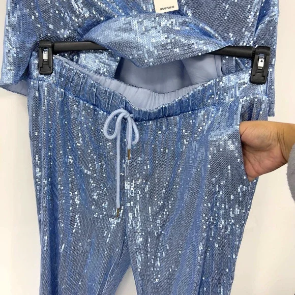 Nina Parker Light Blue Full Sequin Jogger Pant Top Matching Set Plus Size 1x - Picture 7 of 11